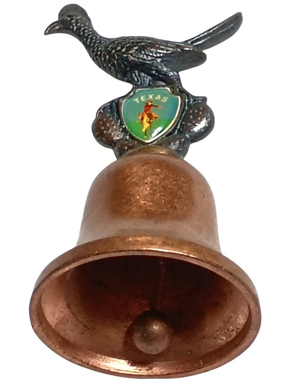 Texas Souvenir Metal Hand Bell With Roadrunner And Shield Copper Tone 3.5" Tall